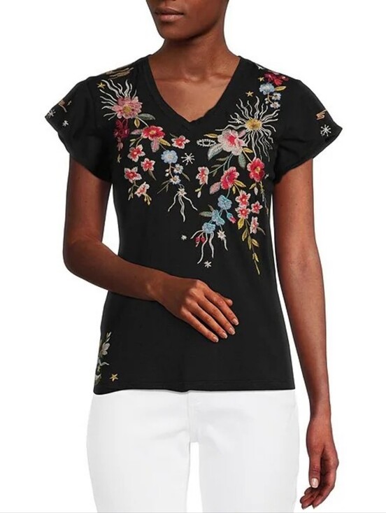 Johnny Was Tops - JOHNNY WAS Lissa Embroidered Floral Cotton Knit Jersey V-Neck Flutter Sleeve Top